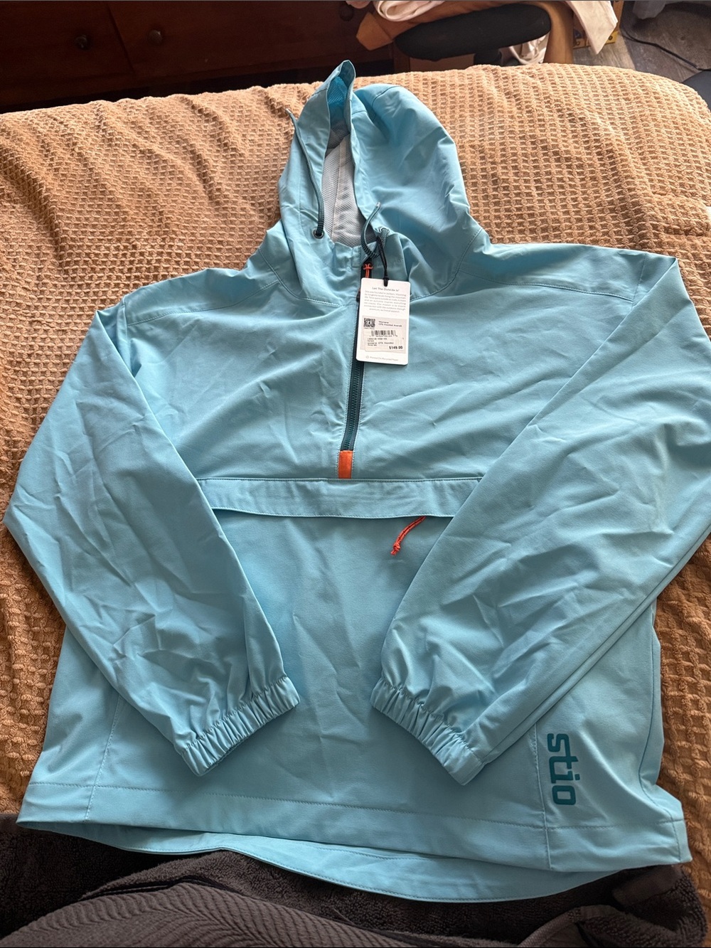 Stio Light Blue Pullover Rain Anorak with Orange Accents